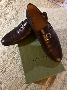 Size 13, Gucci Men’s Dark Brown Leather GG Round-Buckle Loafers
